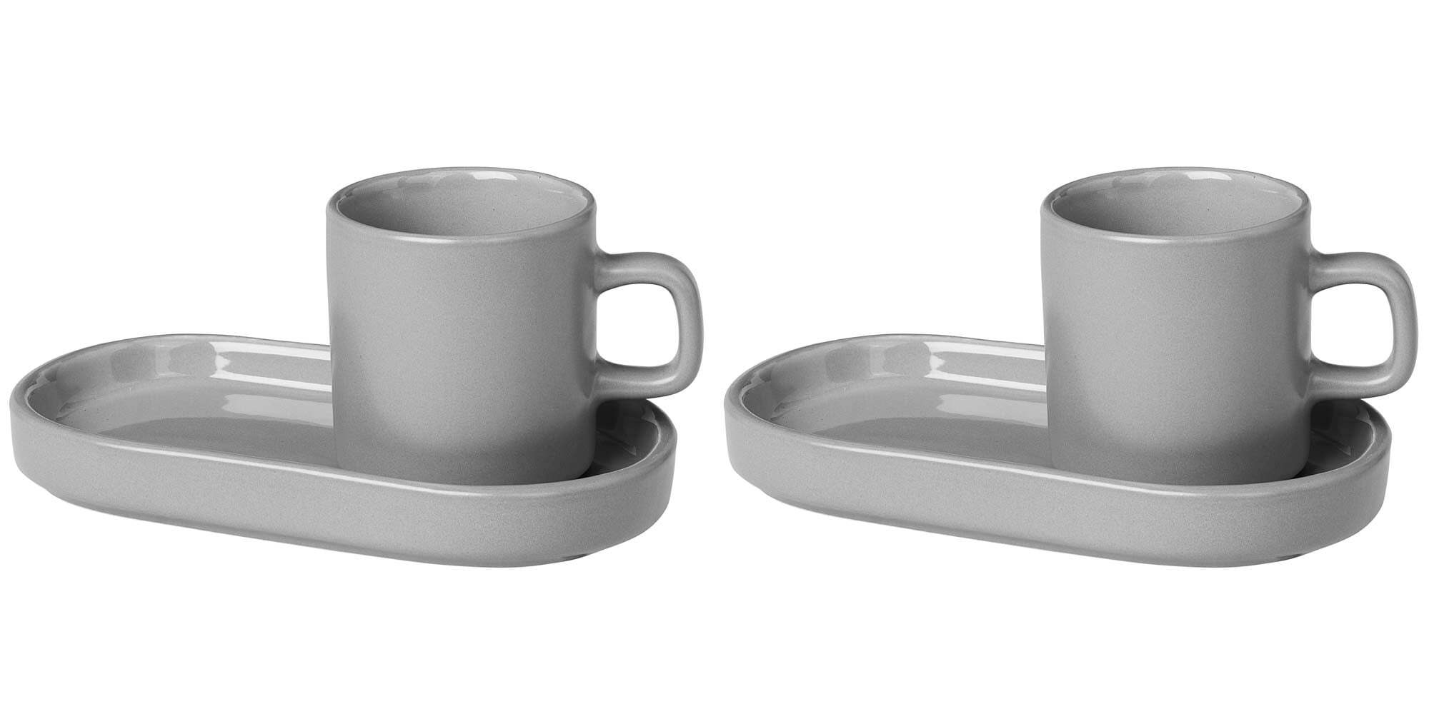 Blomus Pilar Espresso Cups with Trays, Set of 2 - Pewter